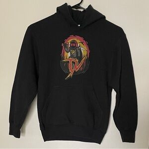 Black Graphic Hoodie with Red and Yellow Design